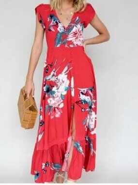 JAASE Women M Floral Maxi Dress Carmen Red Short Sleeve Feminine Flowy V Neck